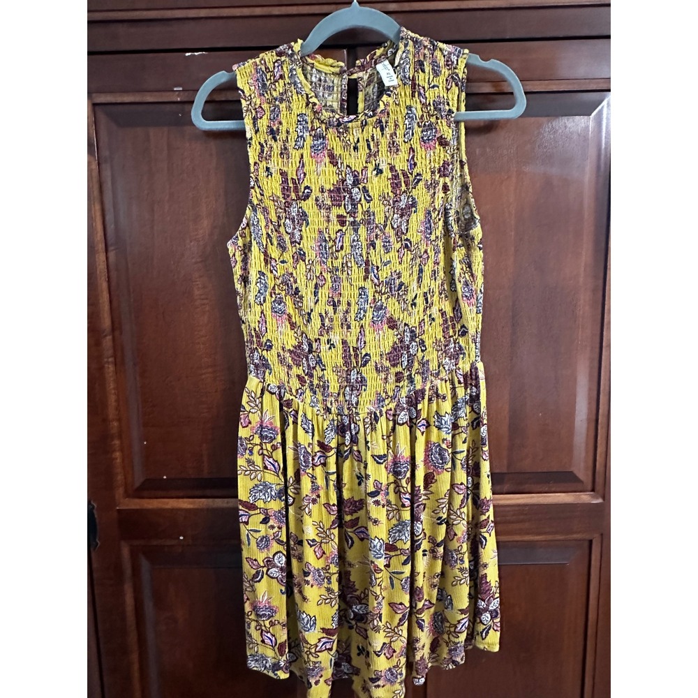 Bebop Womens XL Mustard Yellow Floral Smocked Sleeveless Mini Dress Rayon